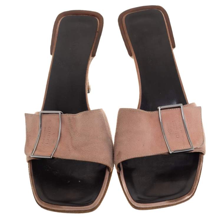 Pre Owned Gucci Pale Pink Suede Vintage Square Toe Slide Sandals Size 37.5