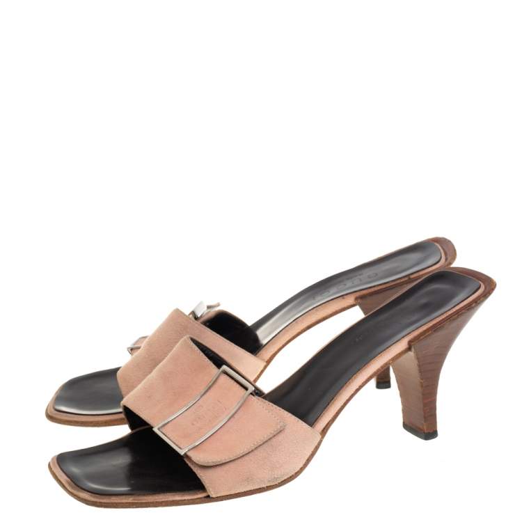 Pre Owned Gucci Pale Pink Suede Vintage Square Toe Slide Sandals Size 37.5