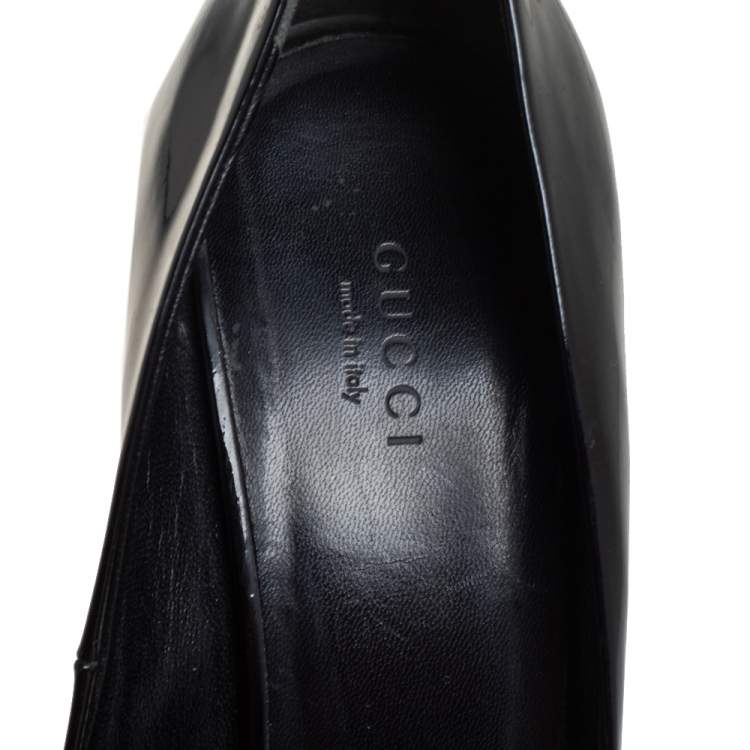Pre Owned Gucci Black Patent Leather Bow Peep Toe Pumps Size 39.5