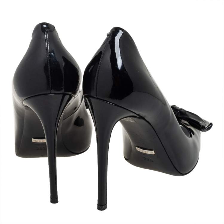 Pre Owned Gucci Black Patent Leather Bow Peep Toe Pumps Size 39.5
