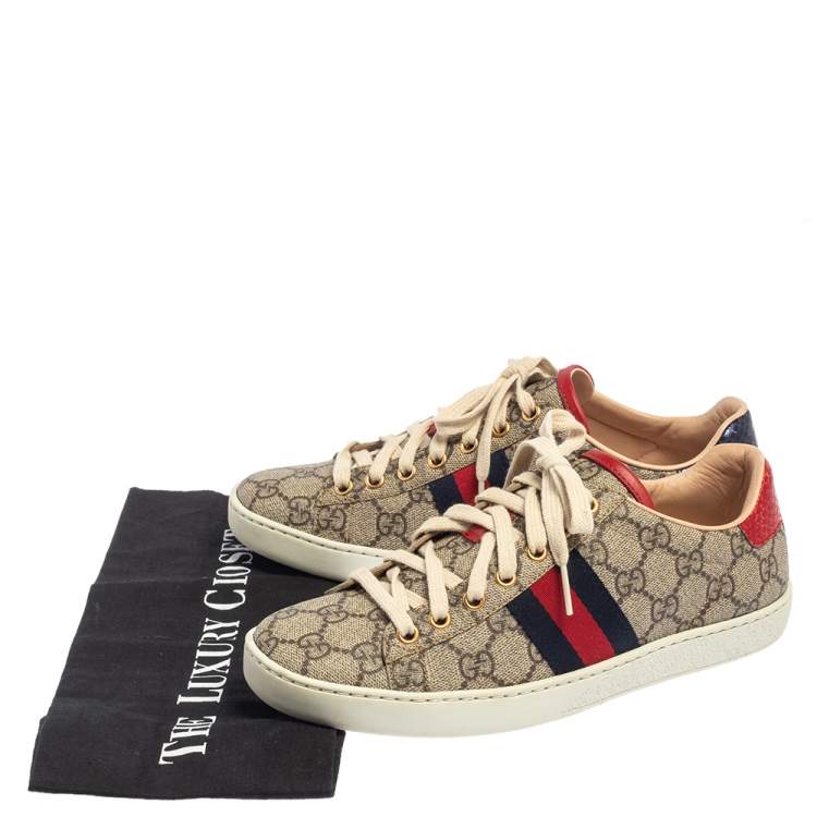 Pre Owned Gucci Beige/Brown GG Supreme Canvas Ace Web Low Top Sneakers Size 37
