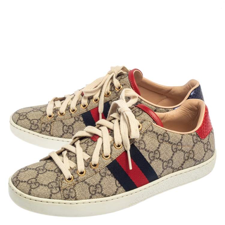 Pre Owned Gucci Beige/Brown GG Supreme Canvas Ace Web Low Top Sneakers Size 37