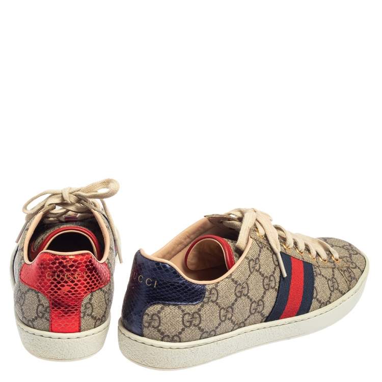 Pre Owned Gucci Beige/Brown GG Supreme Canvas Ace Web Low Top Sneakers Size 37