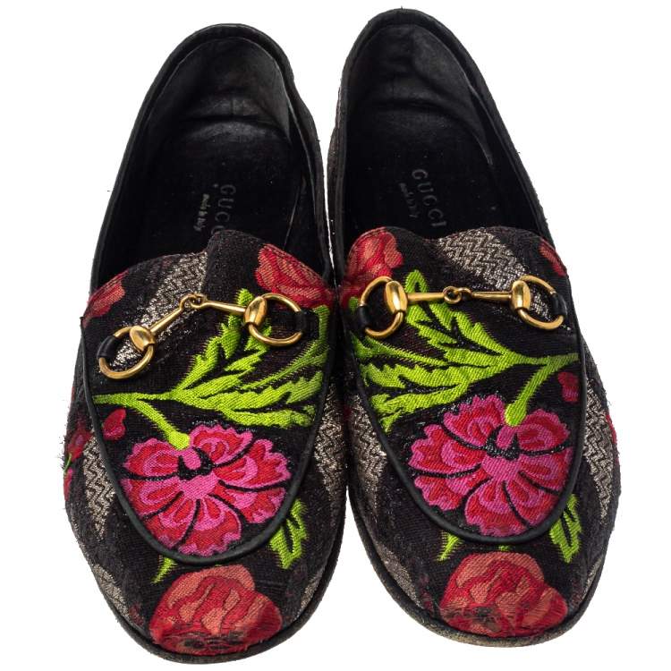 Pre Owned Gucci Multicolor Floral Print Jacquard Jordaan Horsebit Loafers Size 38