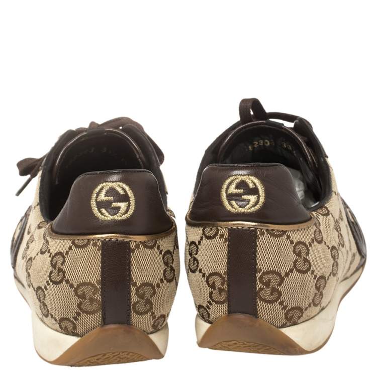 Pre Owned Gucci Brown Leather And Guccissima Canvas Royal Sport Interlocking GG Sneakers Size 39.5