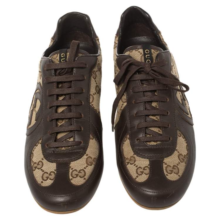 Pre Owned Gucci Brown Leather And Guccissima Canvas Royal Sport Interlocking GG Sneakers Size 39.5