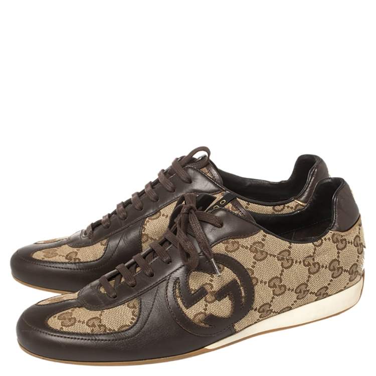 Pre Owned Gucci Brown Leather And Guccissima Canvas Royal Sport Interlocking GG Sneakers Size 39.5
