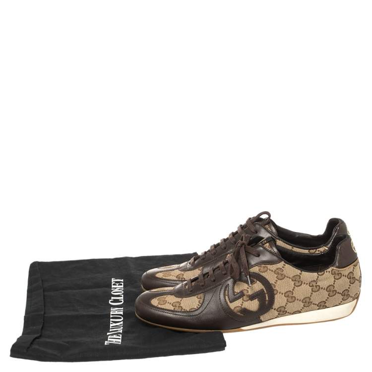 Pre Owned Gucci Brown Leather And Guccissima Canvas Royal Sport Interlocking GG Sneakers Size 39.5