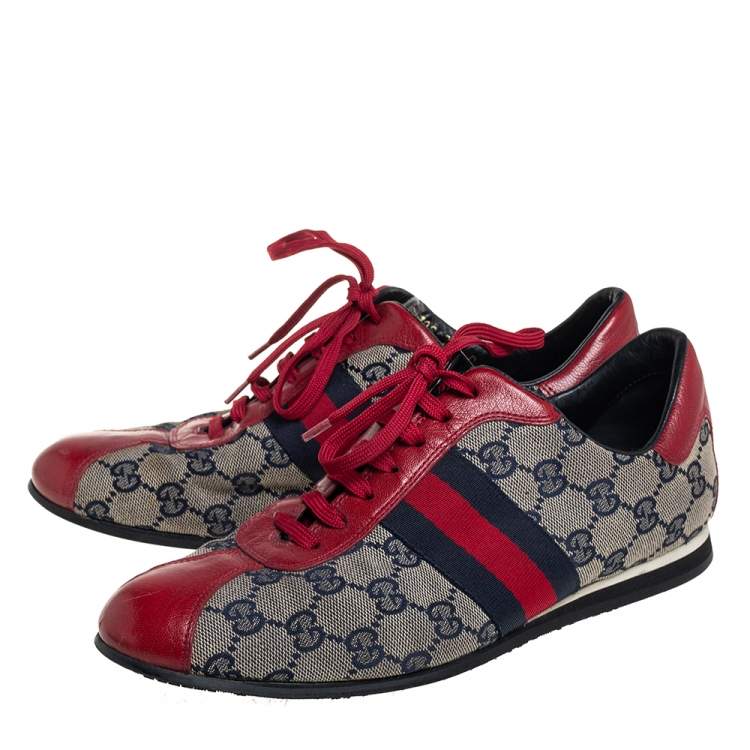 Pre Owned Gucci Beige GG Canvas And Red Leather Web Low Top Sneakers Size 38
