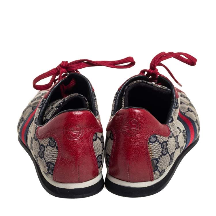 Pre Owned Gucci Beige GG Canvas And Red Leather Web Low Top Sneakers Size 38