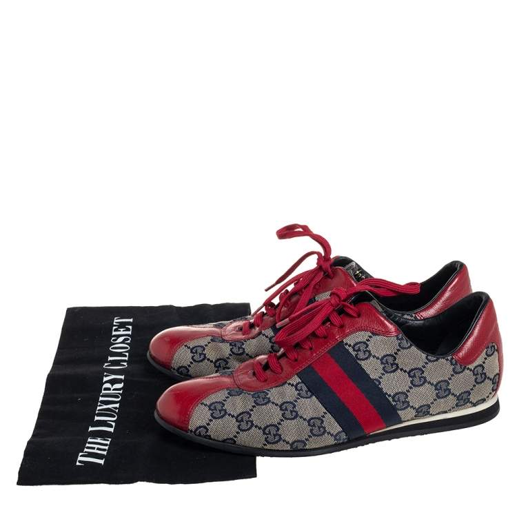 Pre Owned Gucci Beige GG Canvas And Red Leather Web Low Top Sneakers Size 38