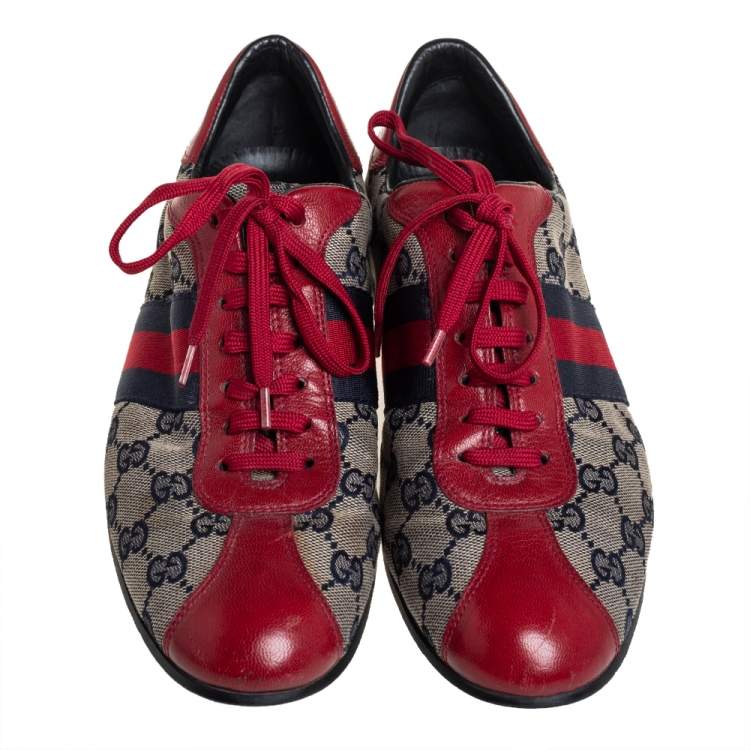 Pre Owned Gucci Beige GG Canvas And Red Leather Web Low Top Sneakers Size 38
