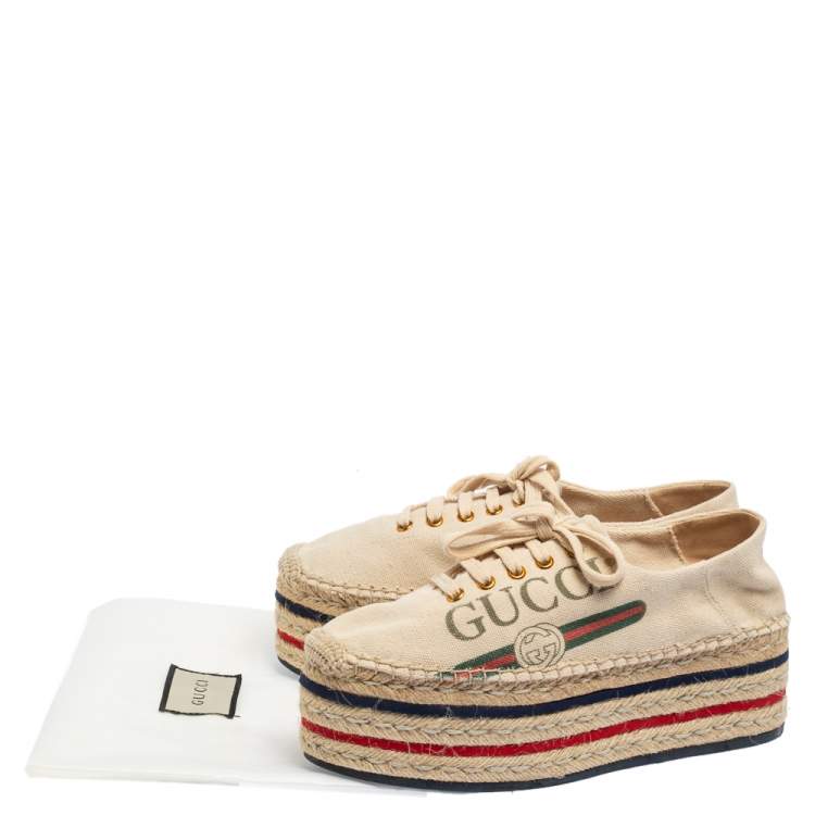 مملوكة مسبقًا Gucci Cream Canvas Platform Espadrille Lace Up Sneakers Size 39