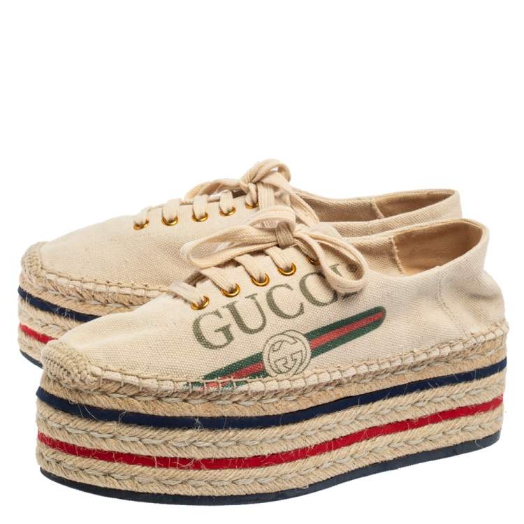 مملوكة مسبقًا Gucci Cream Canvas Platform Espadrille Lace Up Sneakers Size 39