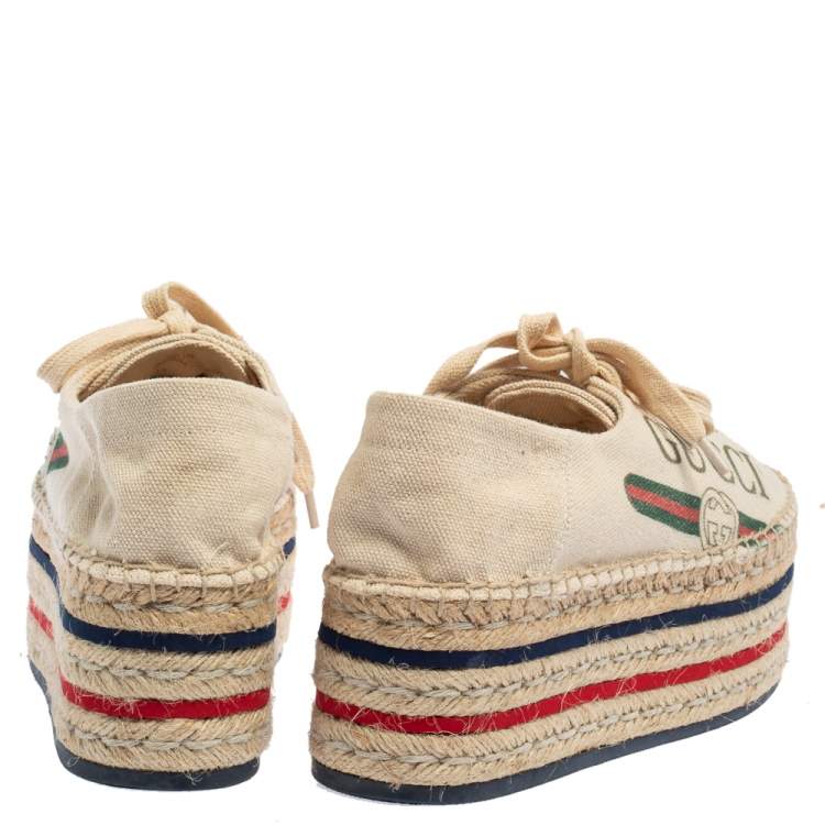 مملوكة مسبقًا Gucci Cream Canvas Platform Espadrille Lace Up Sneakers Size 39