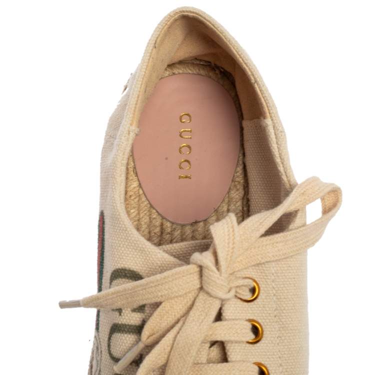 مملوكة مسبقًا Gucci Cream Canvas Platform Espadrille Lace Up Sneakers Size 39