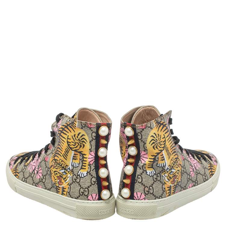 Pre Owned Gucci Beige GG Canvas Major Tiger Pearl Embellished High Top Sneakers Size 38