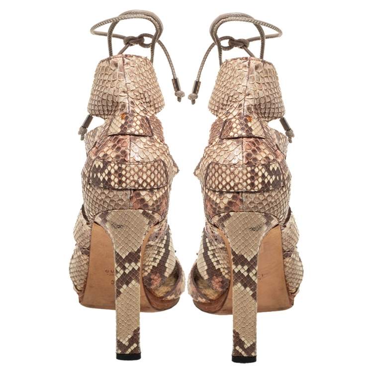 Pre Owned Gucci Beige/Brown Python Leather Ankle Strap Sandals Size 38