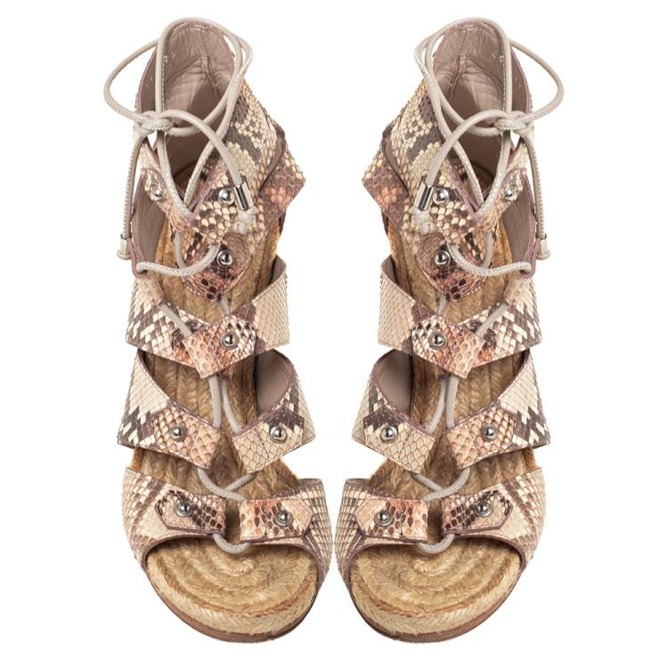 Pre Owned Gucci Beige/Brown Python Leather Ankle Strap Sandals Size 38
