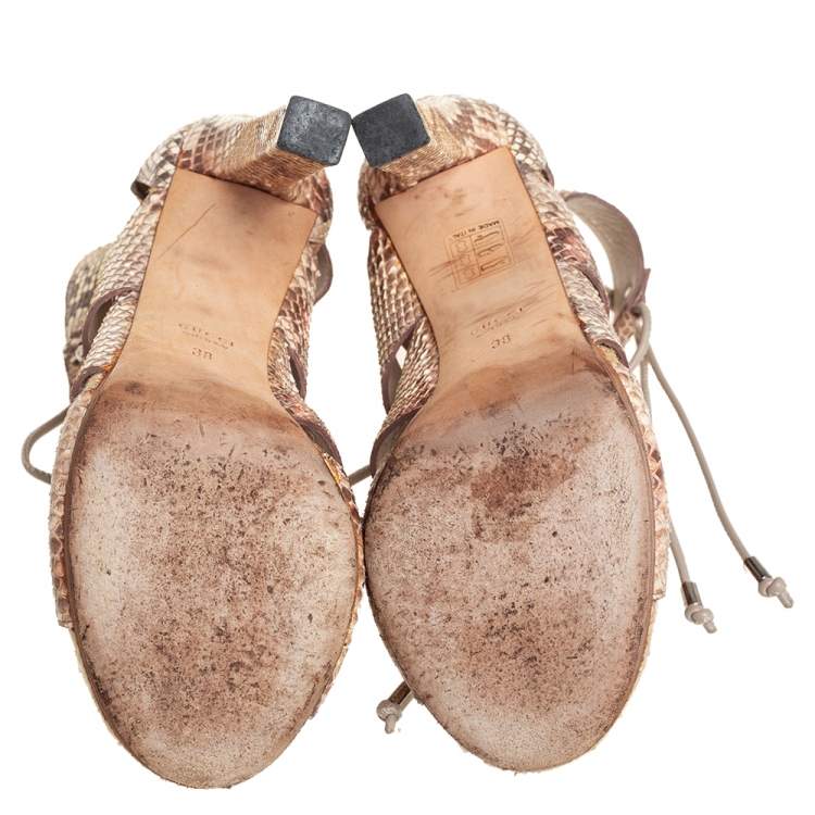 Pre Owned Gucci Beige/Brown Python Leather Ankle Strap Sandals Size 38