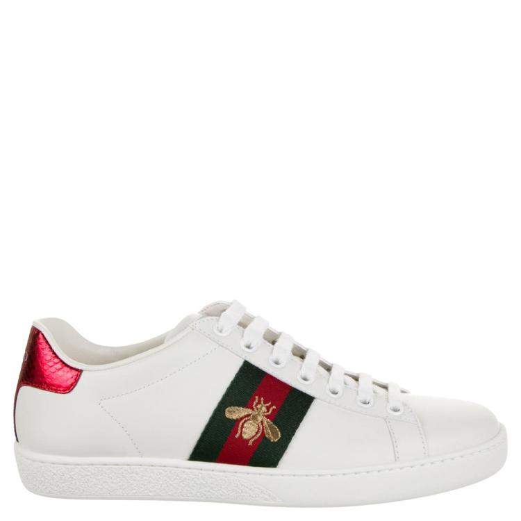 مملوكة مسبقًا Gucci White Leather Python Embossed Leather Ace Bee Sneakers EU 35