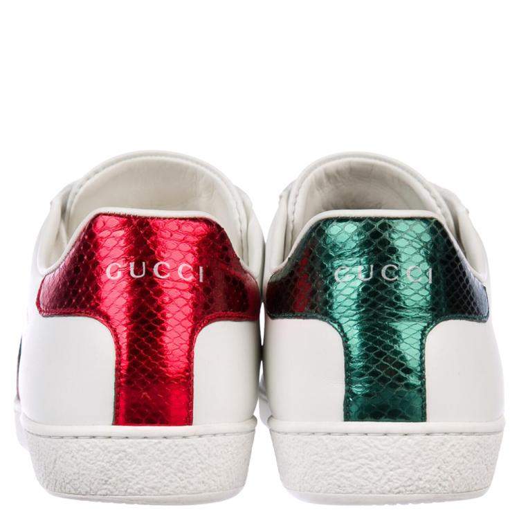 مملوكة مسبقًا Gucci White Leather Python Embossed Leather Ace Bee Sneakers EU 35