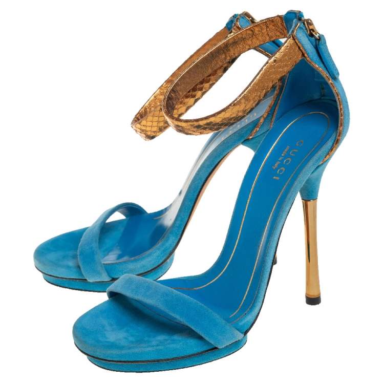 Pre Owned Gucci Blue/Gold Suede and Python Leather Kelis Ankle Strap Platform Sandals Size 36