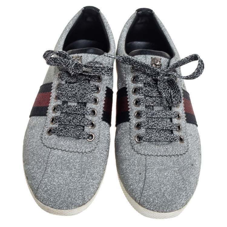 Pre Owned Gucci Metallic Silver Glitter Bambi Web Detail Studded Low Top Sneakers Size 38