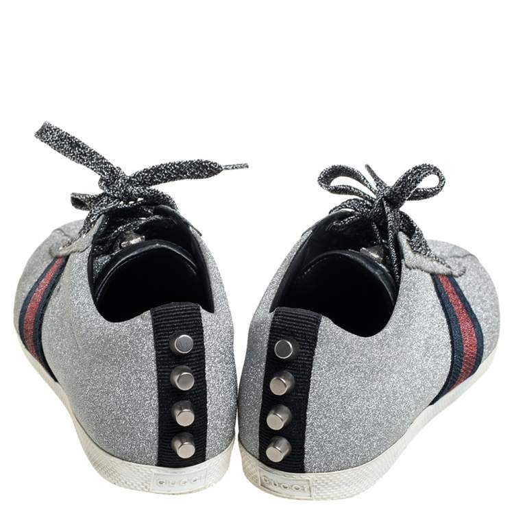 Pre Owned Gucci Metallic Silver Glitter Bambi Web Detail Studded Low Top Sneakers Size 38