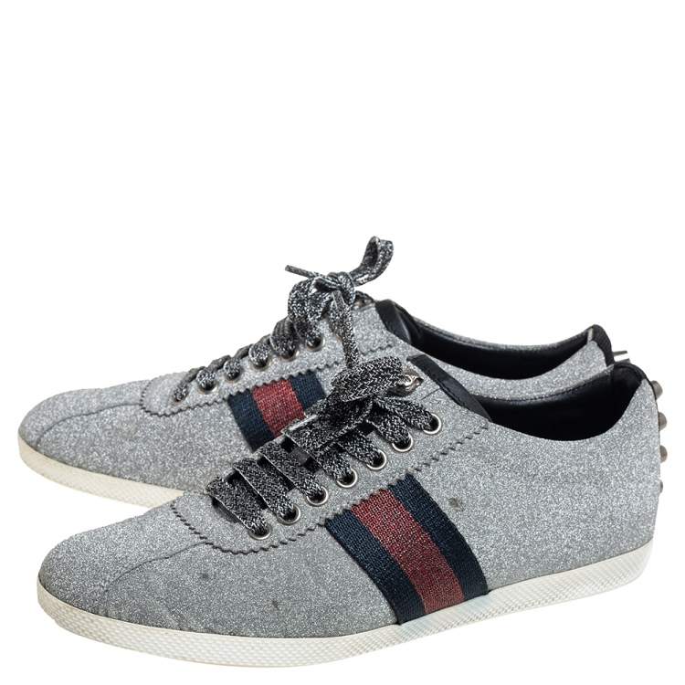 Pre Owned Gucci Metallic Silver Glitter Bambi Web Detail Studded Low Top Sneakers Size 38
