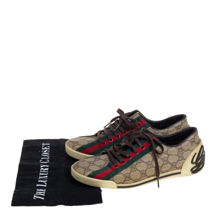 Pre Owned Gucci Brown/Beige GG Canvas Boulevard Script Logo Lace Up Sneakers Size 39