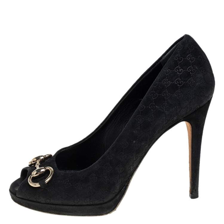 Pre Owned Gucci Black GG Suede Horsebit Peep Toe Pumps Size 36.5