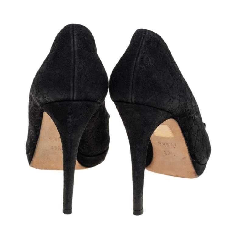 Pre Owned Gucci Black GG Suede Horsebit Peep Toe Pumps Size 36.5