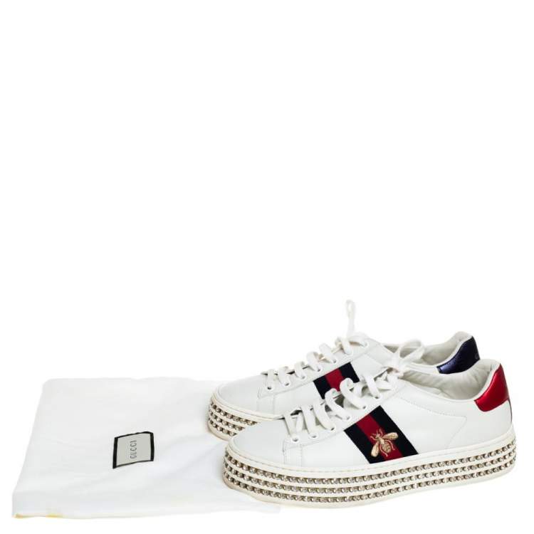 Pre Owned Gucci White Leather And Canvas New Ace Crystal Embellished Platform Sneakers Size 37