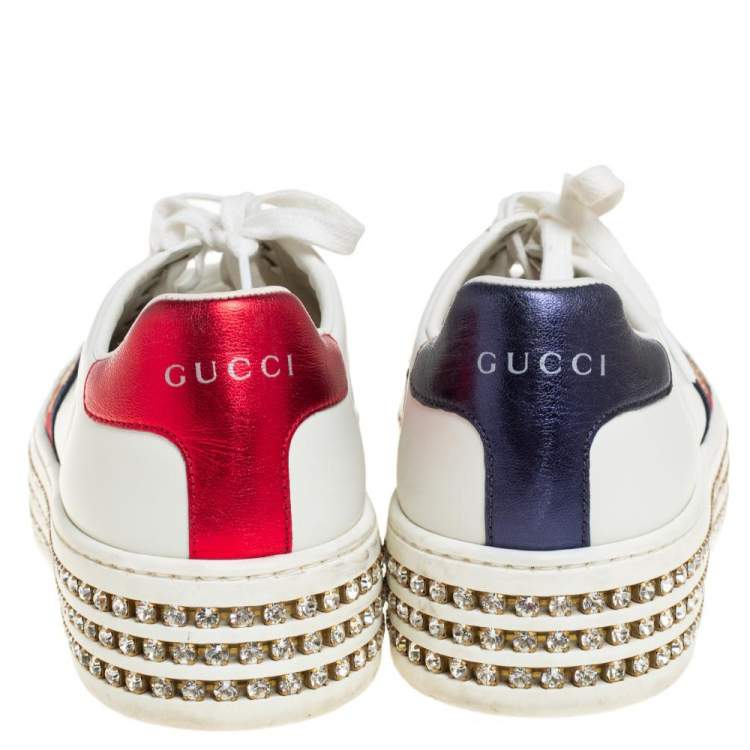 Pre Owned Gucci White Leather And Canvas New Ace Crystal Embellished Platform Sneakers Size 37