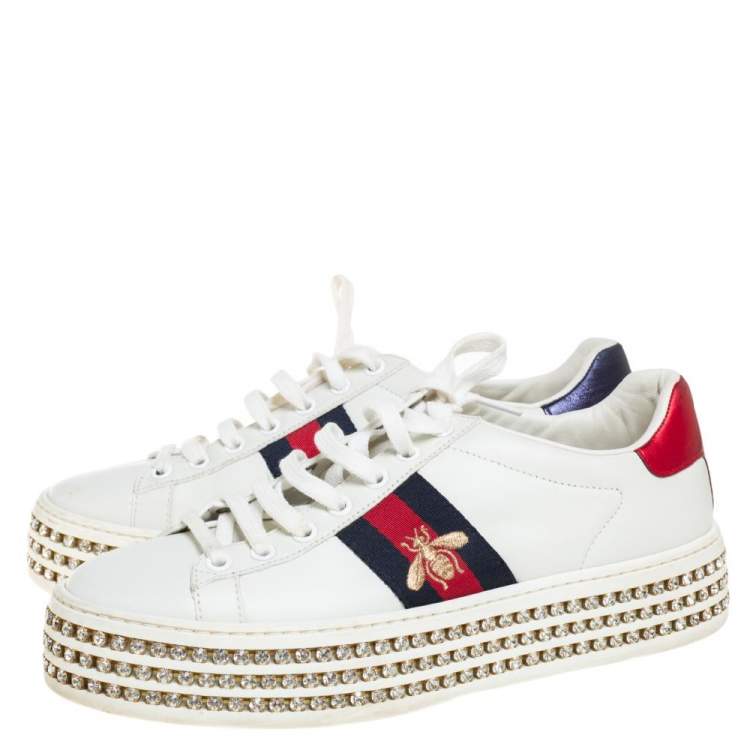 Pre Owned Gucci White Leather And Canvas New Ace Crystal Embellished Platform Sneakers Size 37