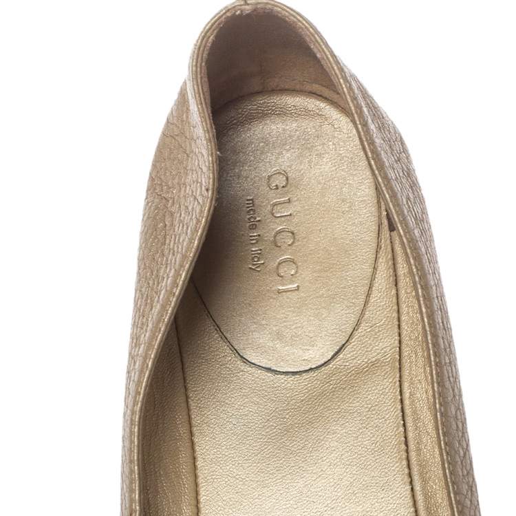 Pre Owned Gucci Metallic Gold Leather GG Buckle Ballet Flats Size 37.5