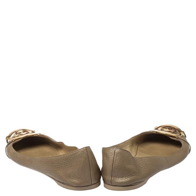 Pre Owned Gucci Metallic Gold Leather GG Buckle Ballet Flats Size 37.5