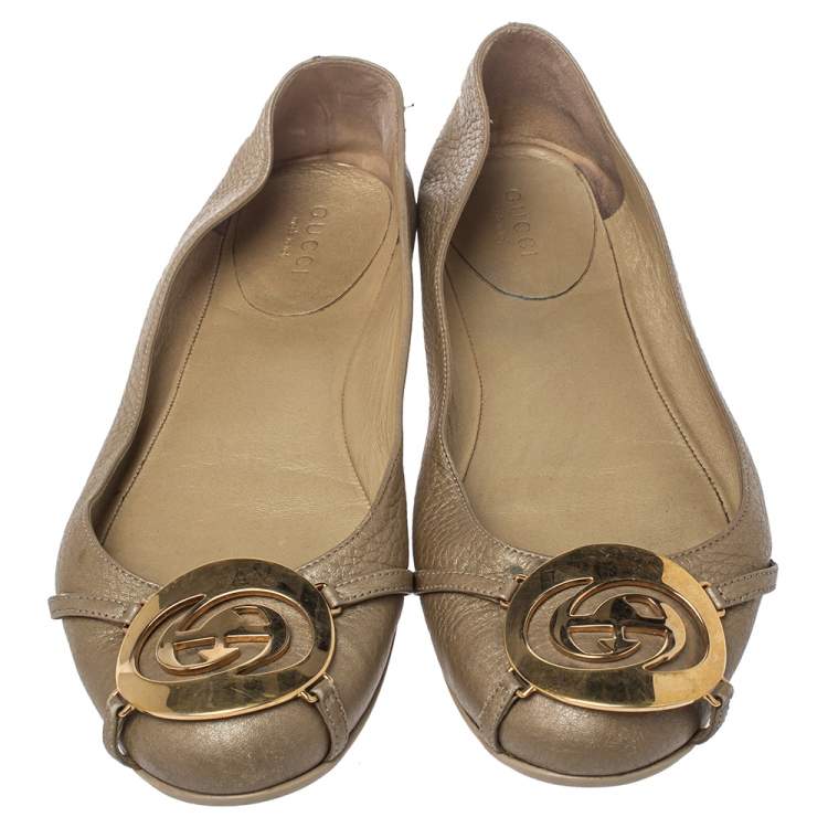 Pre Owned Gucci Metallic Gold Leather GG Buckle Ballet Flats Size 37.5