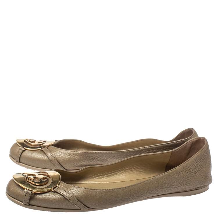 Pre Owned Gucci Metallic Gold Leather GG Buckle Ballet Flats Size 37.5