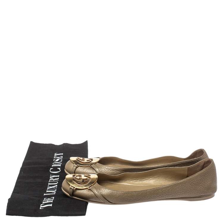Pre Owned Gucci Metallic Gold Leather GG Buckle Ballet Flats Size 37.5