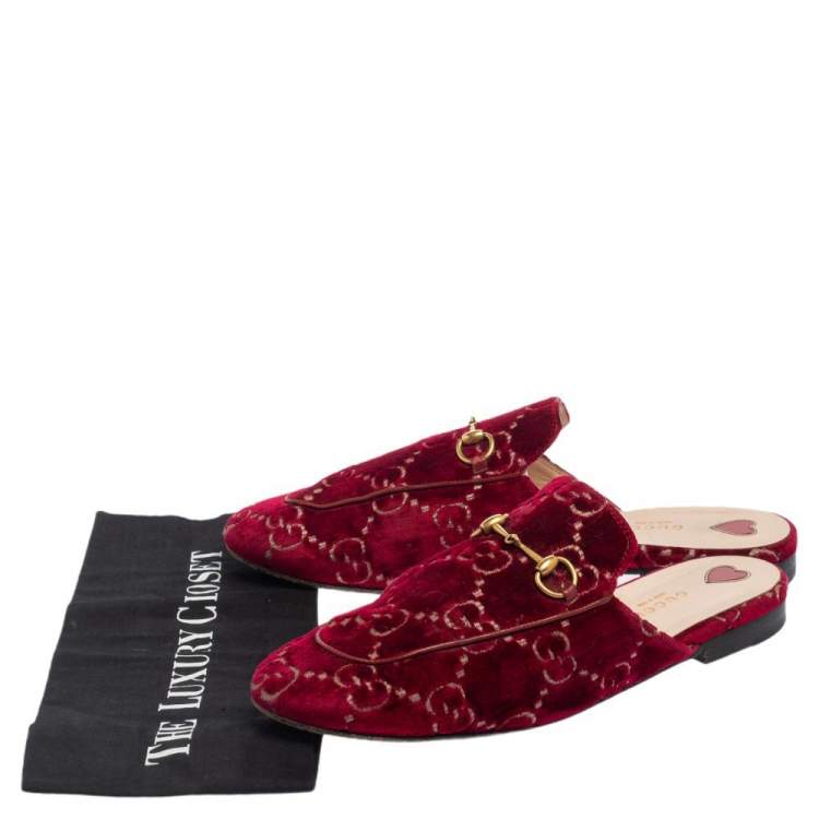 Pre Owned Gucci Red GG Velvet Princetown Mules Size 41.5