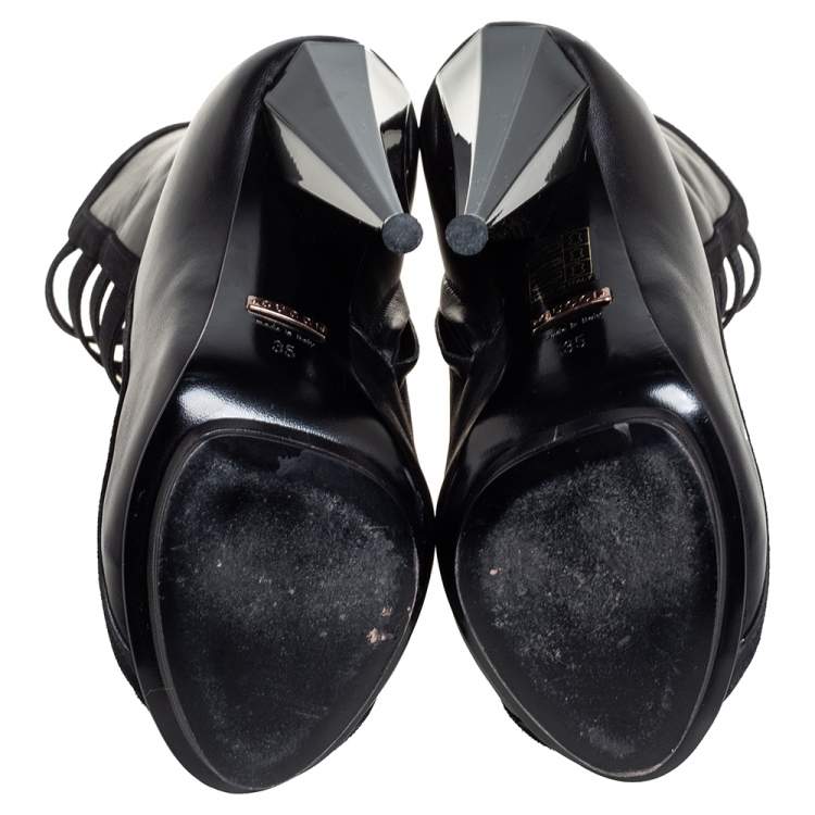 Pre Owned Gucci Black Elastic And Leather Isadora Gladiator Booties Size 35