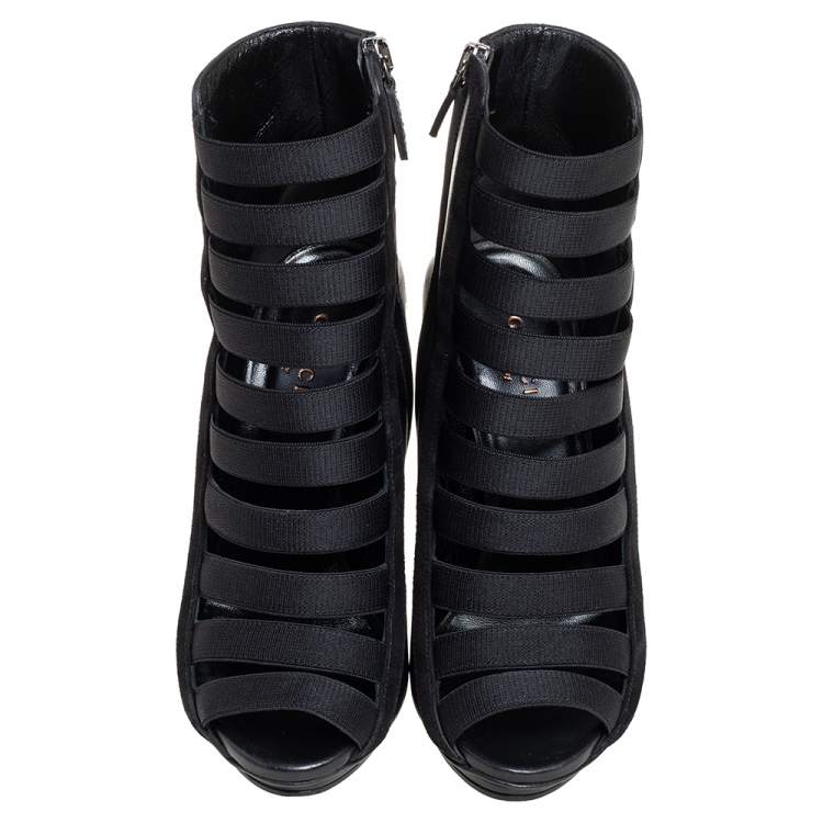 Pre Owned Gucci Black Elastic And Leather Isadora Gladiator Booties Size 35