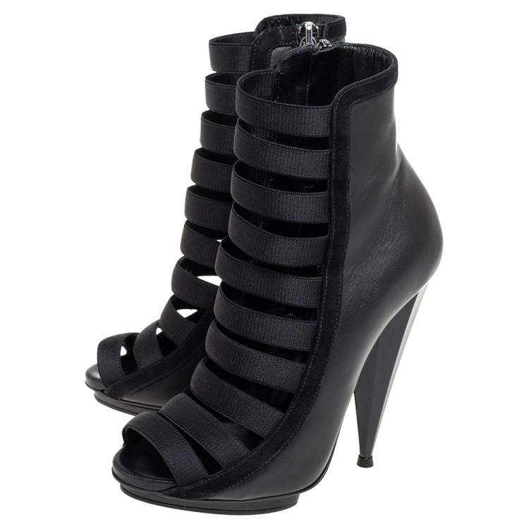 Pre Owned Gucci Black Elastic And Leather Isadora Gladiator Booties Size 35