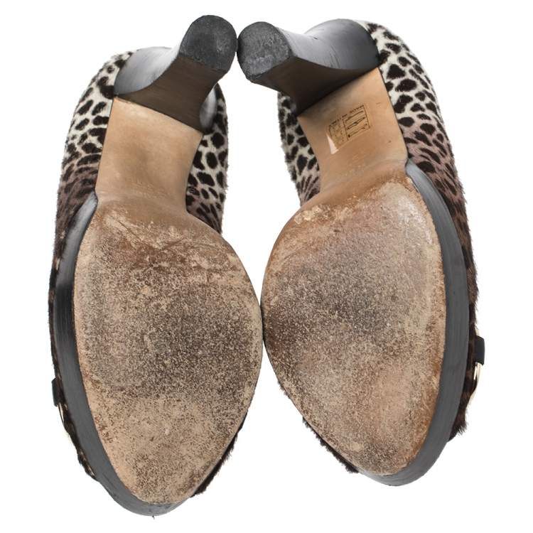 Pre Owned Gucci Brown Leopard Print Pony Hair Icon Bit Peep Toe Pumps Size 35.5