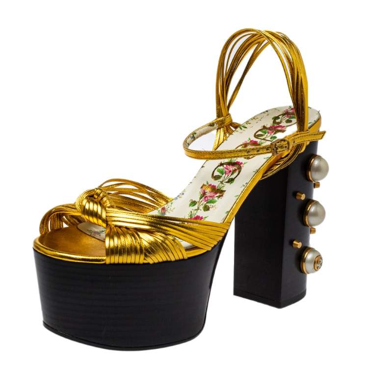 Gucci Gold Leather Knot Pearl Platform Sandals Size 37 Gucci | TLC