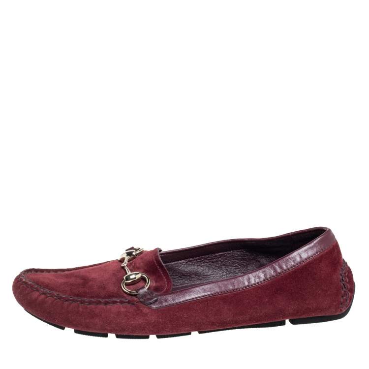 Pre Owned Gucci Burgundy Suede Slip On Loafers Size 37.5