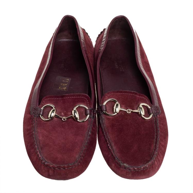 Pre Owned Gucci Burgundy Suede Slip On Loafers Size 37.5