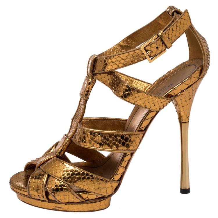 靴 GUCCU Python T-strap sandals Gucci Gold Python T Strap Sandals Size 38.5 Gucci | TLC